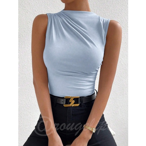 Ruched Light Blue Asymmetrical Sleeveless Shirt Top - Picture 2 of 9